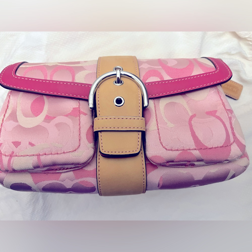 Coach Hamptons Signature Pink Flap Leather Buckle Hobo Crossbody